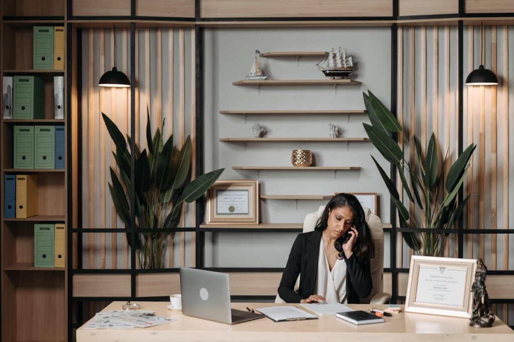 Lawyer sit on her desk